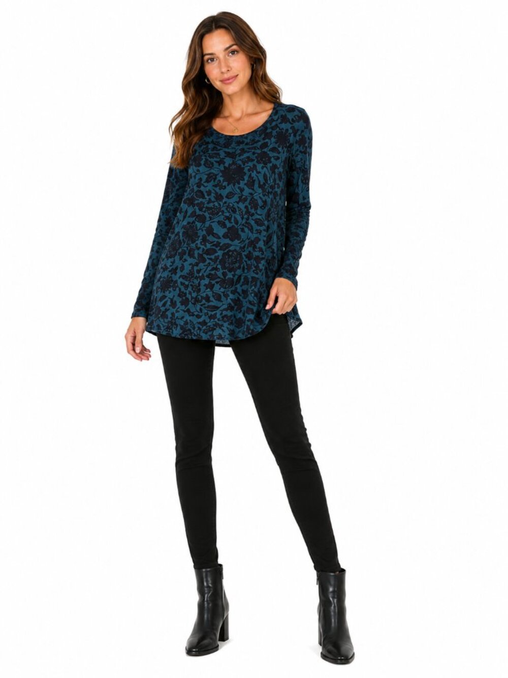 PERUVIAN CONNECTION Dark Floral Semi Sheer Long Sleeve Tunic Blue Black Size M/L